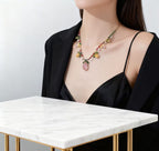 Colorful diamond flower leaf water drop pendant necklace earring set light luxury heavy clavicle chain fashion accessories