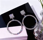 Rhinestone hoop silver needle earrings