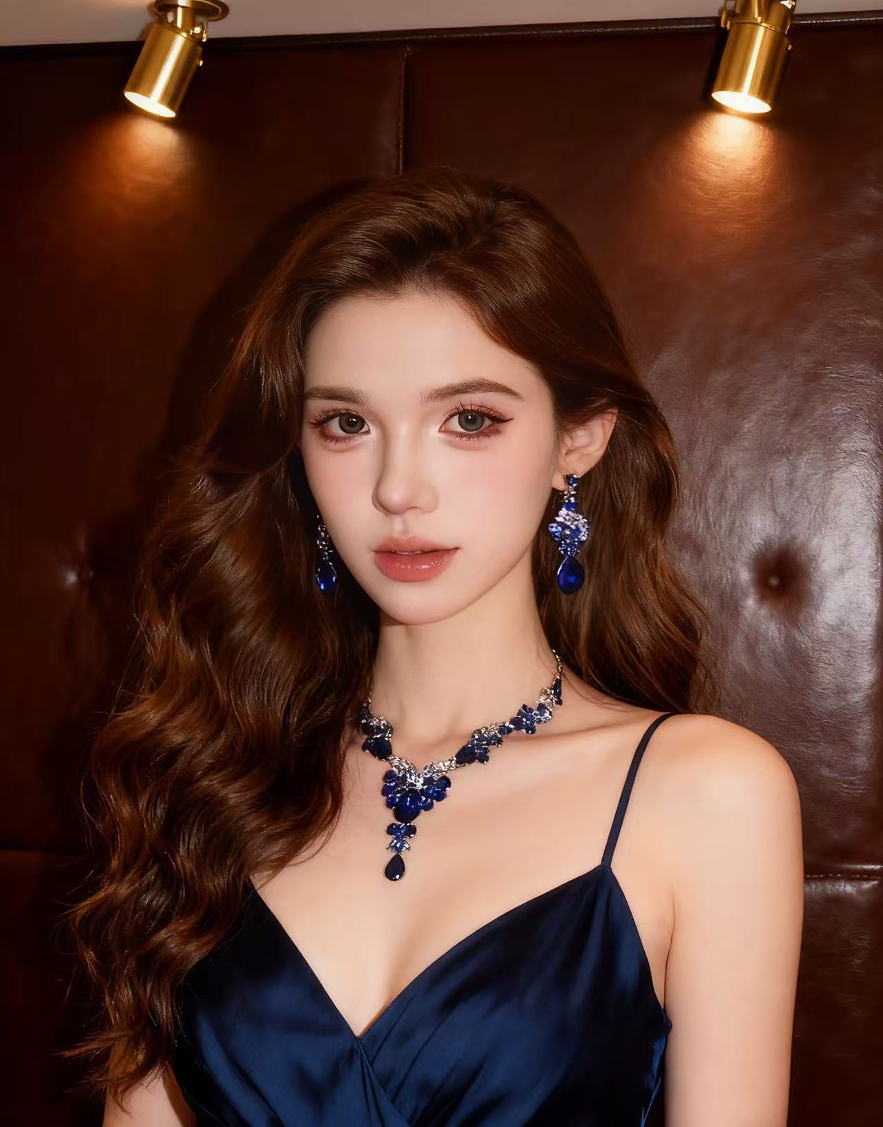 Vintage Blue Rhinestone Necklace and Earring Set