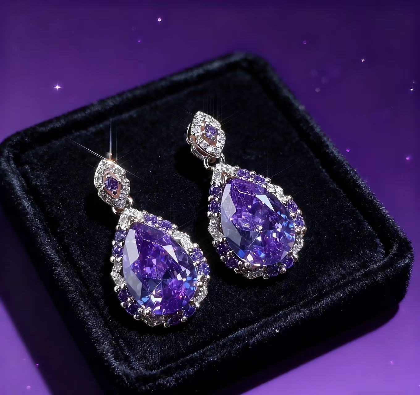 Flashing S925 silver water drop charm purple diamond three-piece set