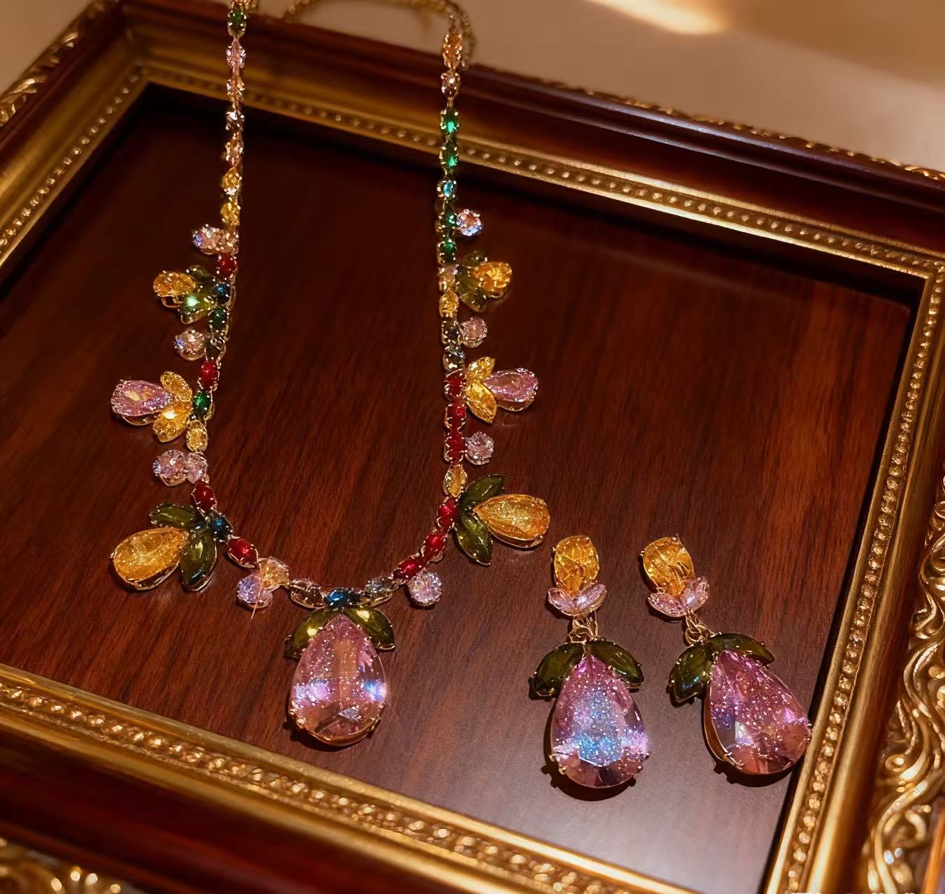 Colorful diamond flower leaf water drop pendant necklace earring set light luxury heavy clavicle chain fashion accessories