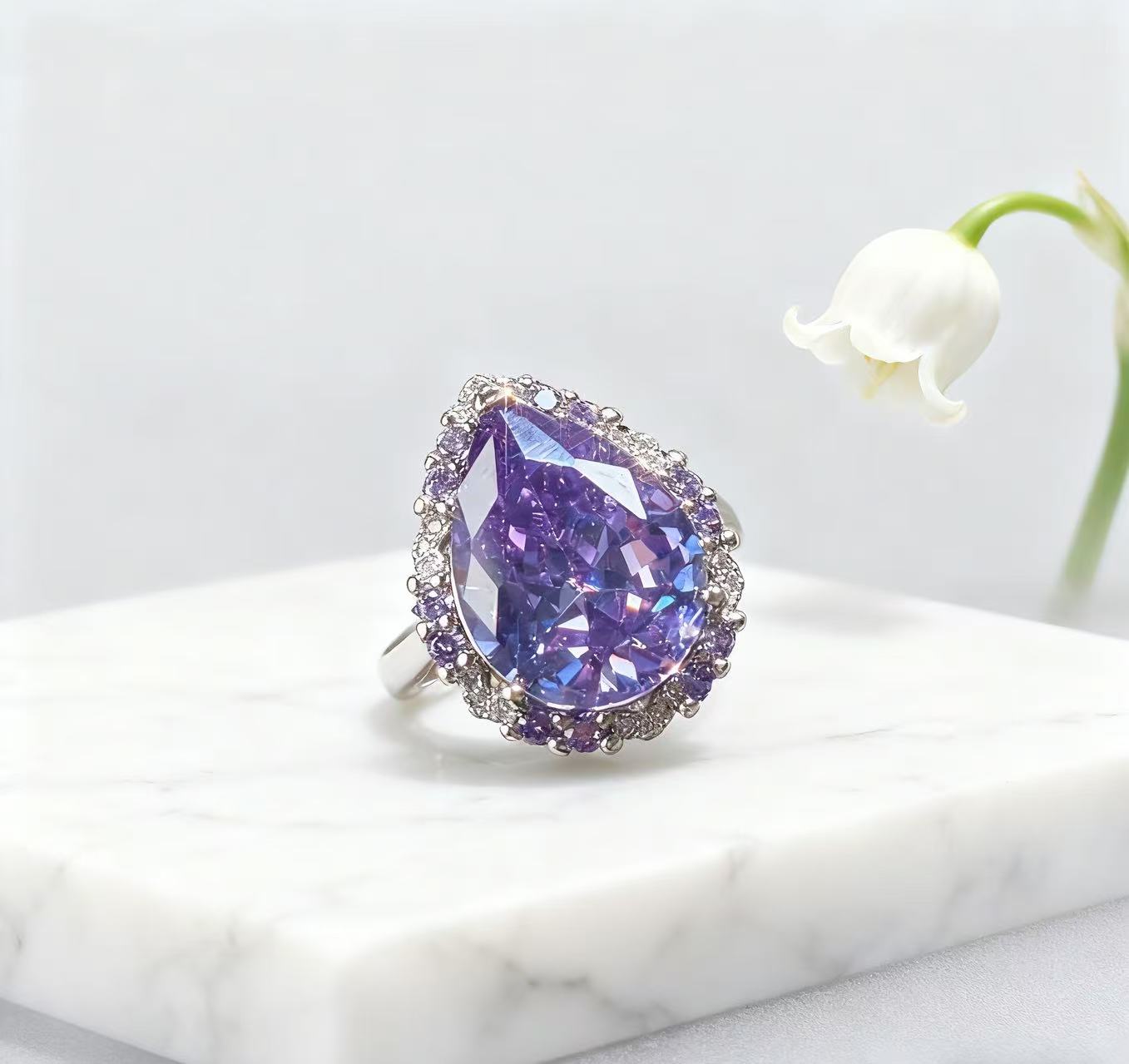 Flashing S925 silver water drop charm purple diamond three-piece set